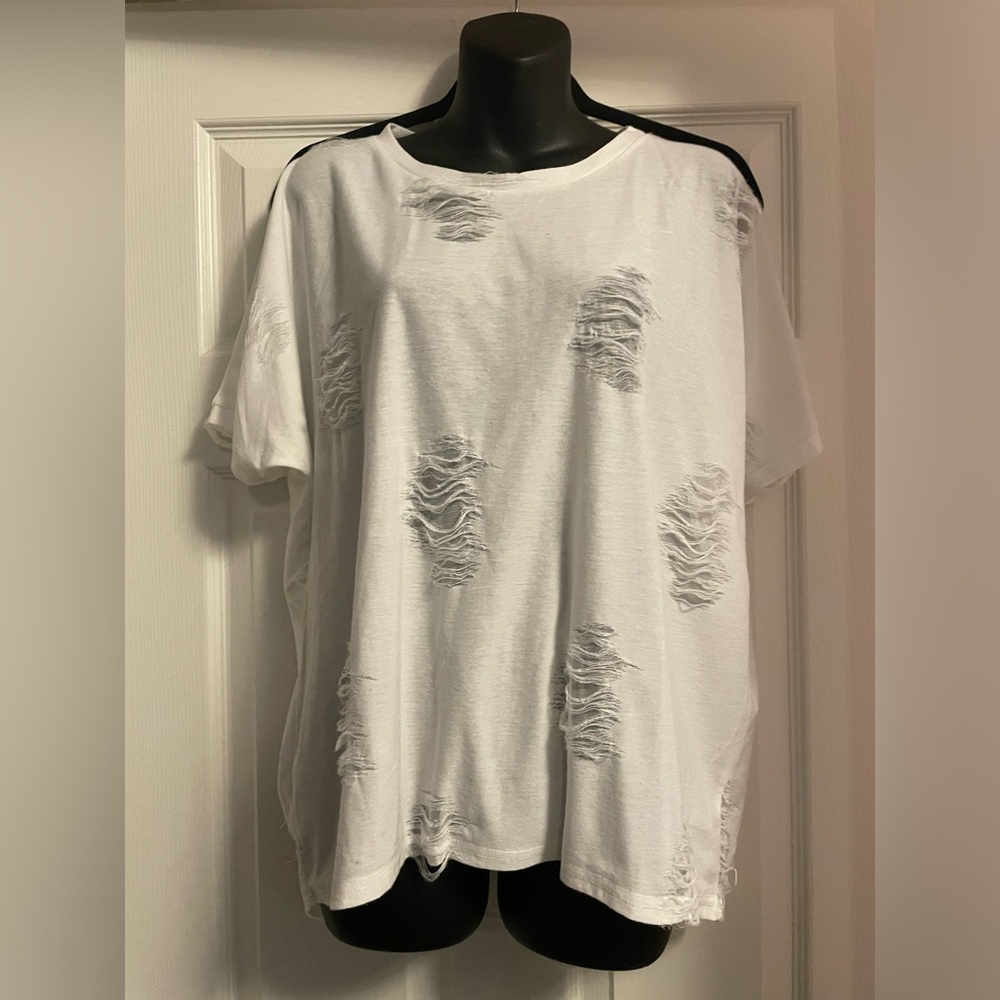 Honey Punch Distressed White Tee- Sz Med